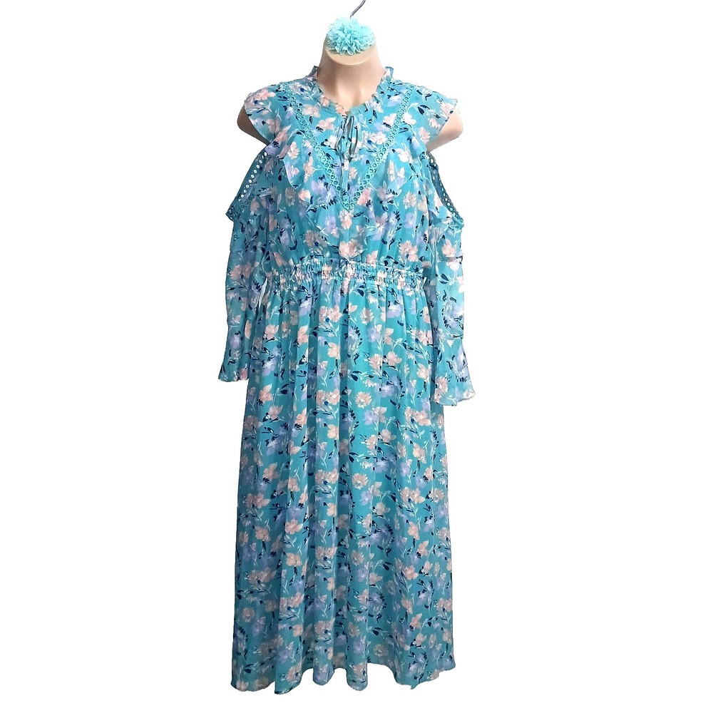 Lane Bryant Women Maxi Dress 24 Aqua Floral Easter Cold Shoulder Coquette Ruffle